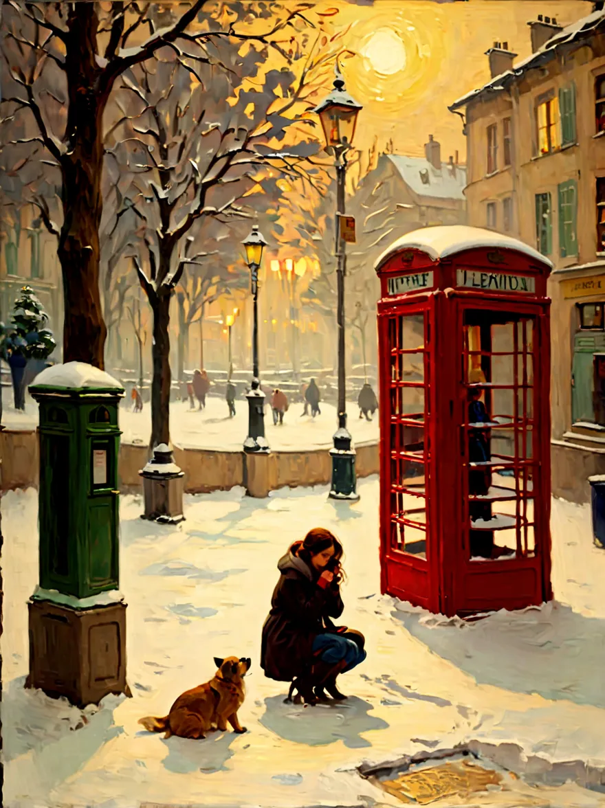 Midwinter，heavy snowfall，Everything is covered in snow and ice。street corner，A phone booth，A beautiful girl squatting on the gro...