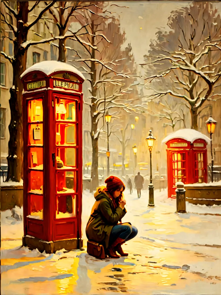 Midwinter，heavy snowfall，Everything is covered in snow and ice。street corner，A phone booth，((A beautiful girl squatting on the g...