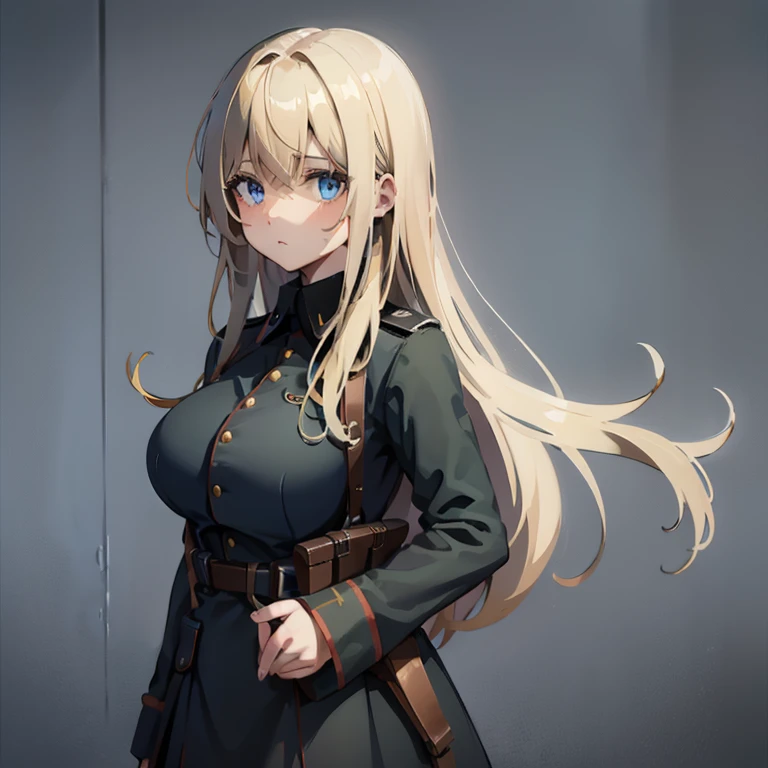 Solo, large breasts, long messy blonde hair, blue eyes, black german military uniform