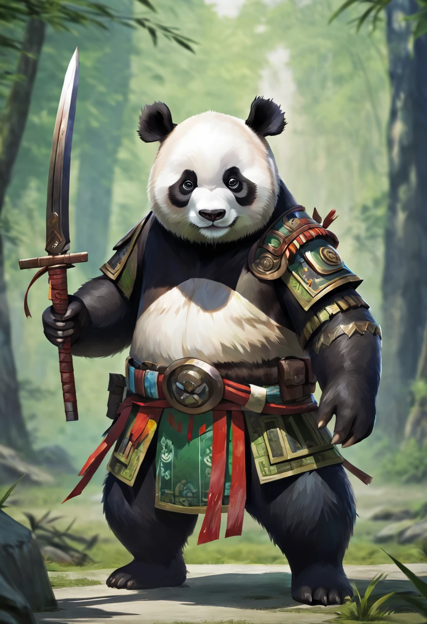 even,Panda,No human,Animal,Ditu,Totem,looking at viewer,take a weapon in one hand,holding weapon,standing, full body,solo,MG xiongmao