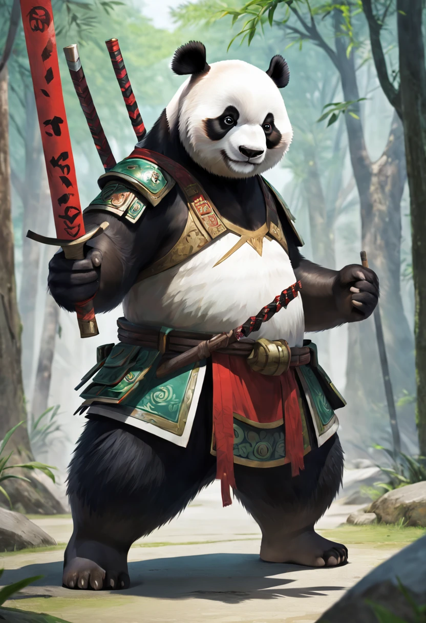 even,Panda,No human,Animal,Ditu,Totem,looking at viewer,take a weapon in one hand,holding weapon,standing, full body,solo,MG xiongmao