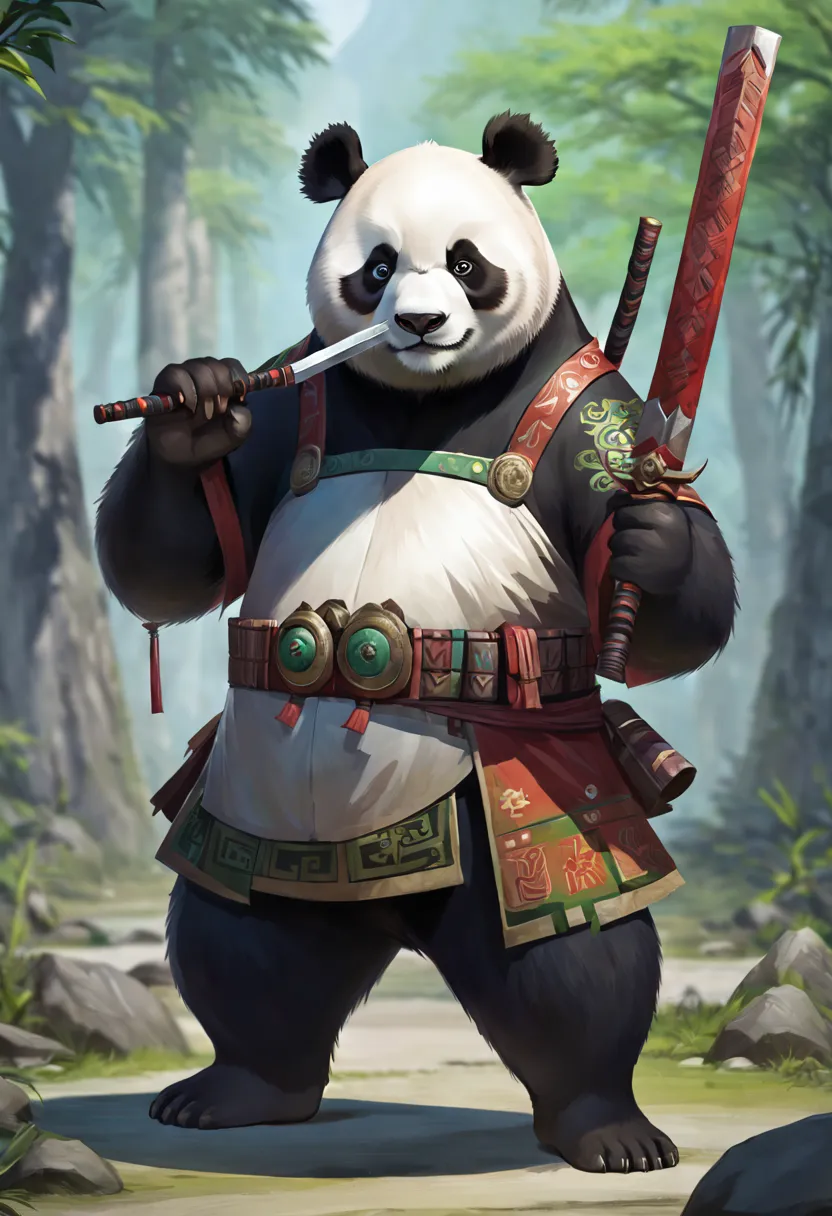 even,Panda,No human,Animal,Ditu,Totem,looking at viewer,take a weapon in one hand,holding weapon,standing, full body,solo,MG xio...
