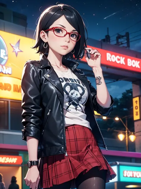 Sarada Uchiha with short hair, black eyes, wearing red glasses, she is wearing earrings and strings. She is dressed like a punk ...