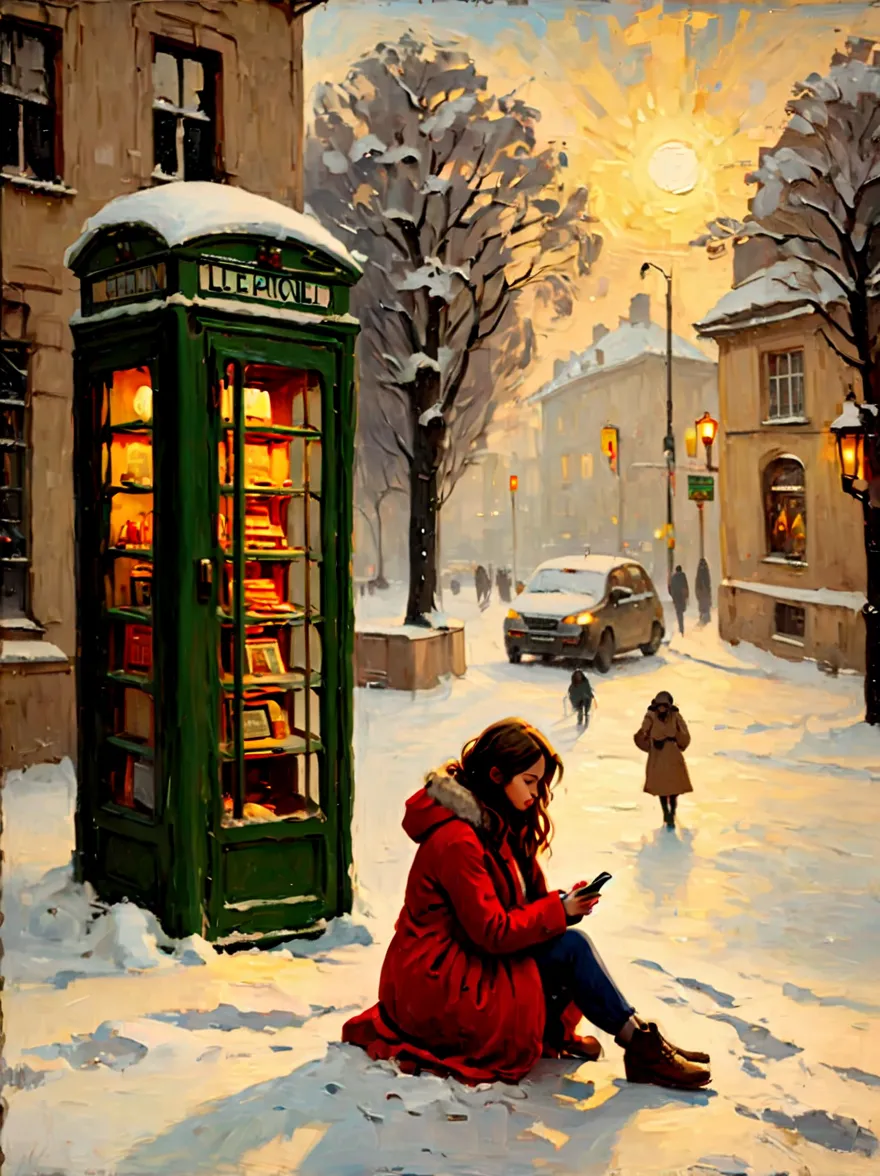 Midwinter，heavy snowfall，Everything is covered in snow and ice。street corner，A phone booth，((A beautiful girl squatting on the g...
