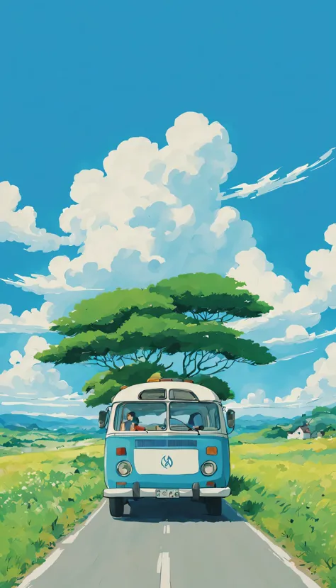 (minimalism:1.4), a Minibus on the road, Studio Ghibli art, Miyazaki, pasture with blue sky and white clouds
