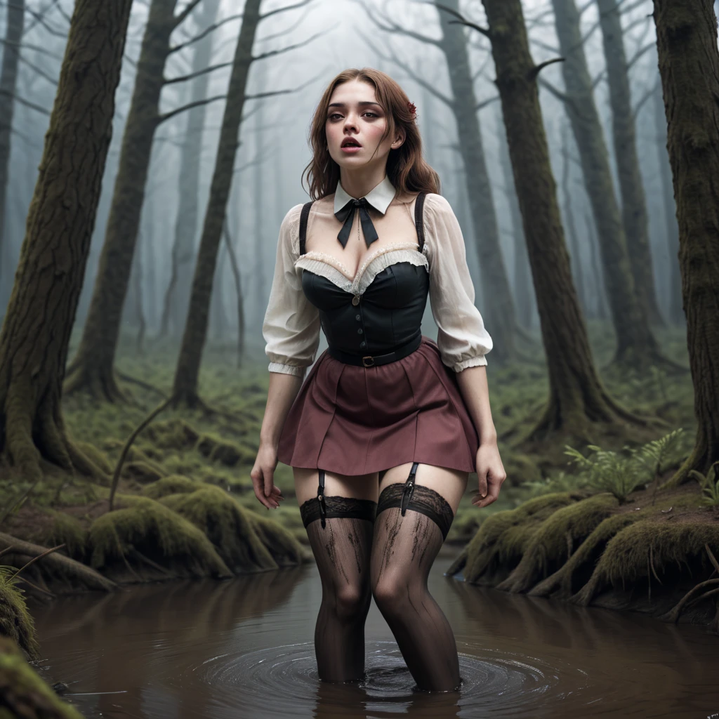 illustration,tortured by lust shy vulnerable bizarre female standing drowning in the middle of forest bog and sexy tease+touches herself,skirt,blouse,(lace stockings with garters), grimy shameful sexual ecstasy, hard breath, blush on face