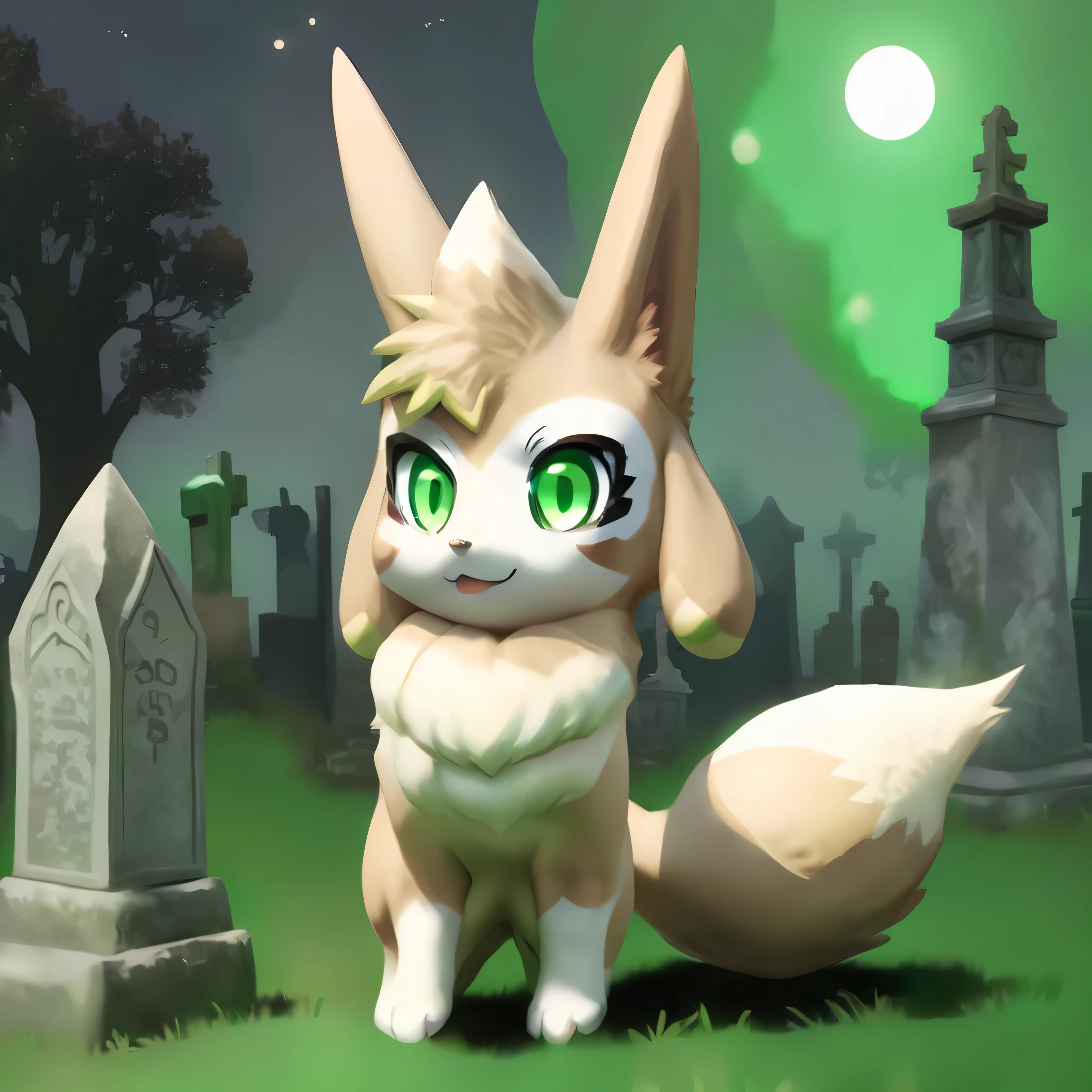vxypwld style, cute vixy from palworld, big green eyes, beige and white fur, big fluffy tail, chest tuft, all fours, stops and poses for fashion photos in a graveyard, night, moonlight shadow, 8bit background, computer game theme