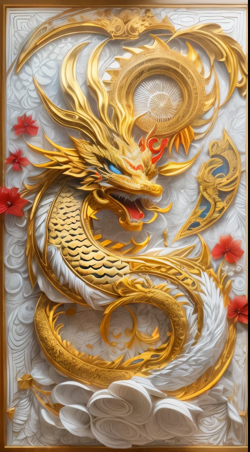 （moon，edgBunny，Change，Golden Chinese dragon，lantern，Chinese New Year)，White background，(paper art, Quilted paper art:1.2, geometry:1.1, Zentangle,3d rendering), (extremely colorful, best quality, detailed details, masterpiece, official art, Lighting effects, 4K)