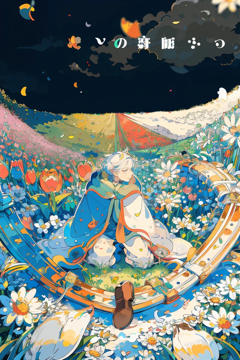 (masterpiece:1.2), best quality,PIXIV,fairy tale style,1 man with short white hair sitting in a field of green plants and flowers, warm lighting, white clothes, white pants, blurry foreground

