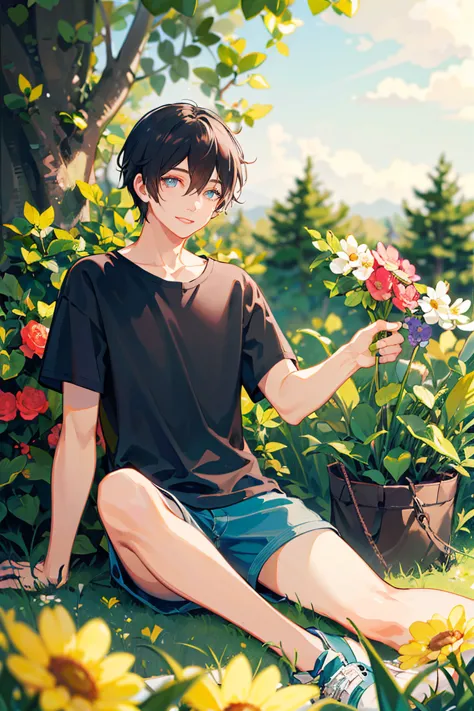 (masterpiece:1.2), best quality,pixiv,fairy tale style,1 man with short black hair sitting in a field of green plants and flower...