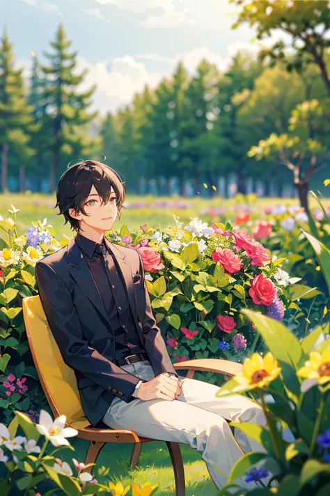 (masterpiece:1.2), best quality,pixiv,fairy tale style,1 man with short black hair sitting in a field of green plants and flower...