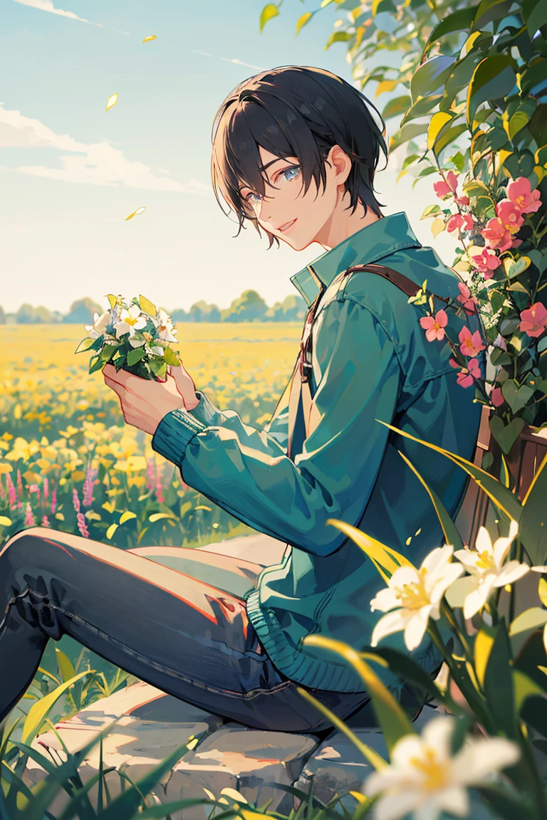 (masterpiece:1.2), best quality,PIXIV,fairy tale style,1 man with short white hair sitting in a field of green plants and flowers, warm lighting, white clothes, white pants, blurry foreground

