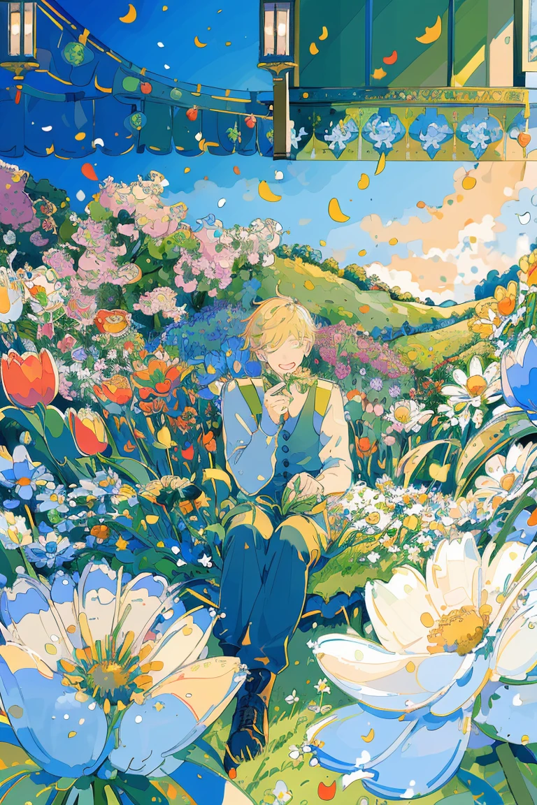 (masterpiece:1.2), best quality,PIXIV,fairy tale style,1 man with short white hair sitting in a field of green plants and flowers, warm lighting, white clothes, white pants, blurry foreground


