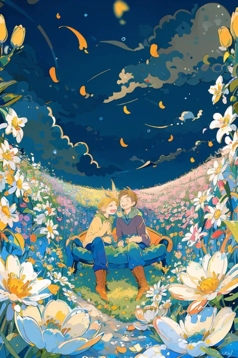 (masterpiece:1.2), best quality,pixiv,fairy tale style,1 man with short blond hair sitting in a field of green plants and flower...