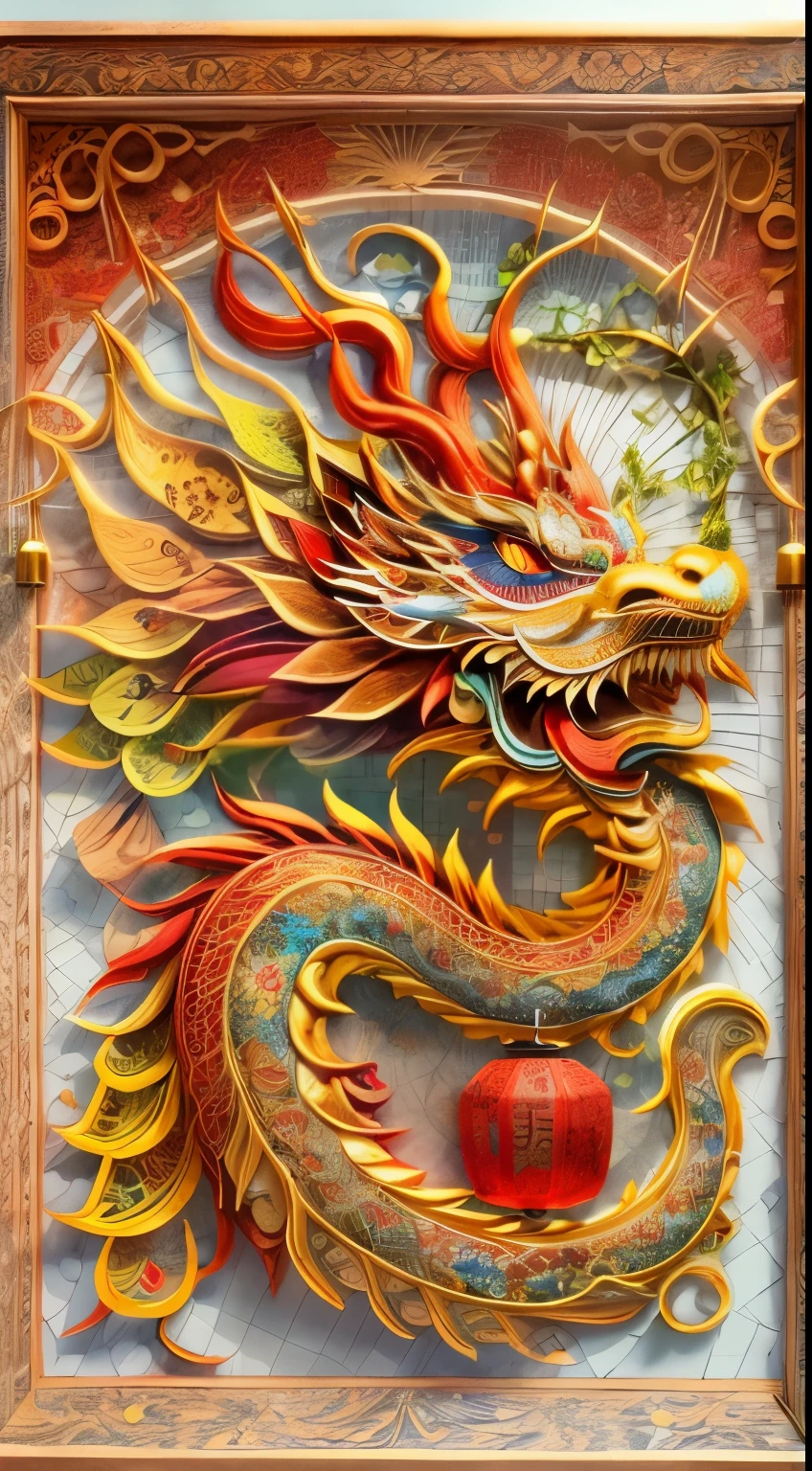 （moon，edgBunny，Change，Golden Chinese dragon，lantern，Chinese New Year)，White background，(paper art, Quilted paper art:1.2, geometry:1.1, Zentangle,3d rendering), (extremely colorful, best quality, detailed details, masterpiece, official art, Lighting effects, 4K)