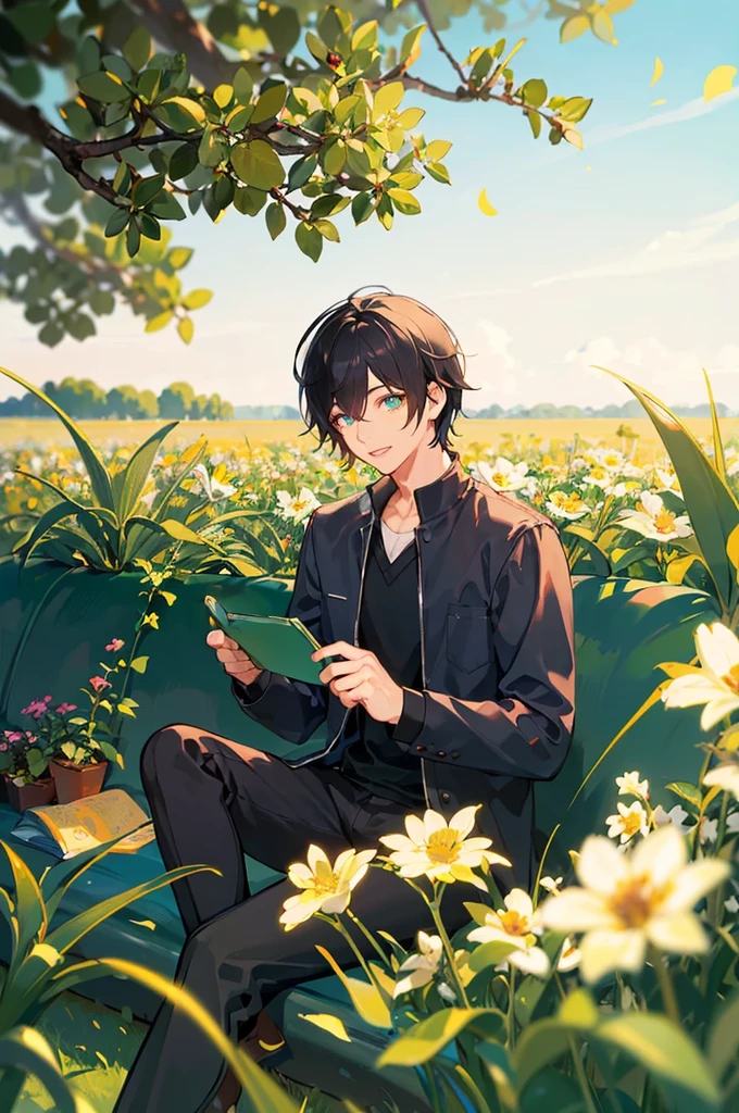 (masterpiece:1.2), best quality,PIXIV,fairy tale style,1 man with short white hair sitting in a field of green plants and flowers, warm lighting, white clothes, white pants, blurry foreground

