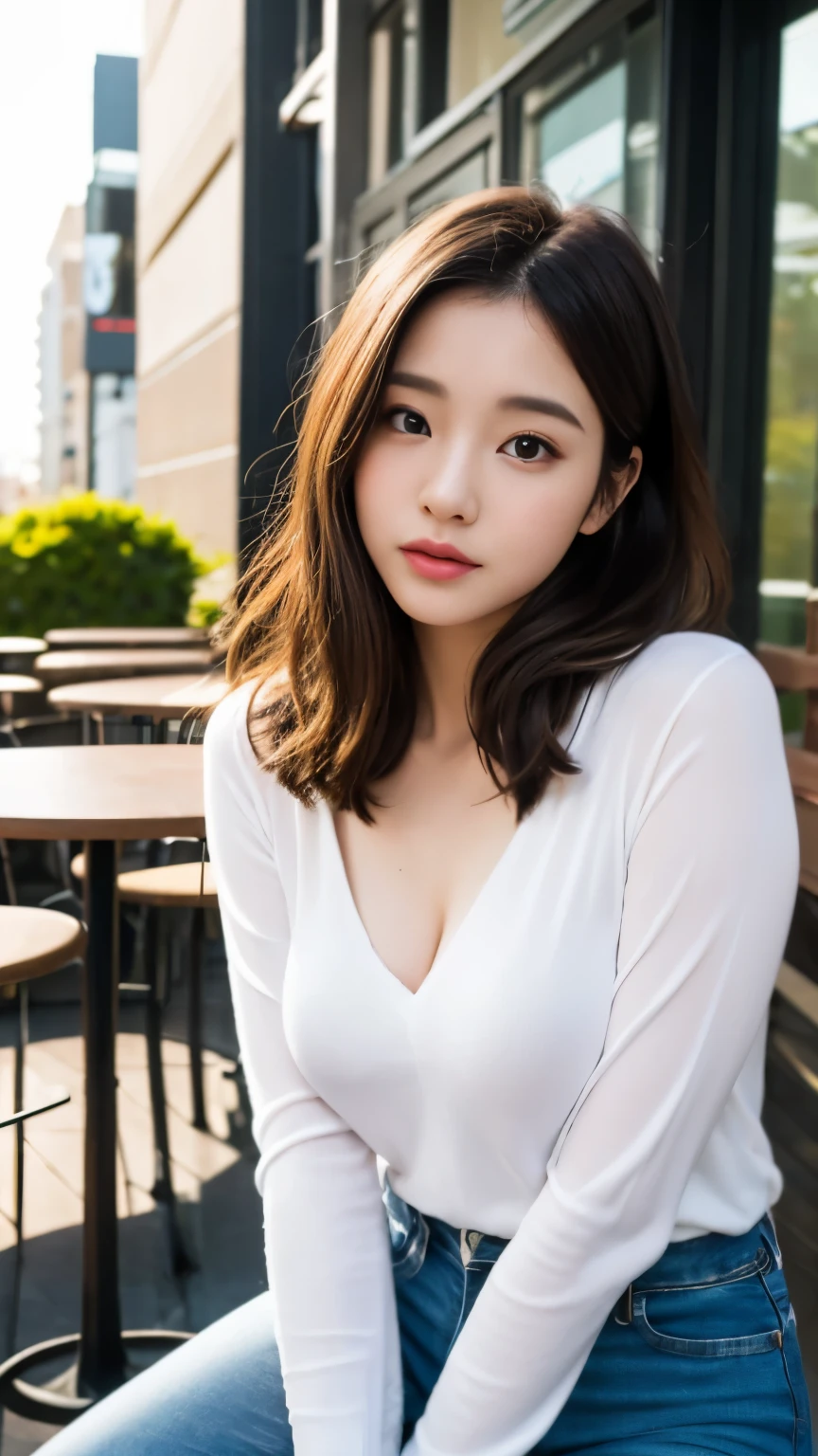finely, High resolution, high quality、perfect dynamic composition, beautiful and fine eyes, medium hair, 、natural color lip,Kamimei、Shibuya Ward、20 year old girl、1 person、transparent skin、shining hair、table top, 最high quality, super detailed, finely, High resolution, 8K、correct state of the human body、squat、sculpture model pose,beautiful sunset,In front of the café,beautiful ilumination,Photographed with hair fluttering in the wind,big breasts,((wish、The shape of the chest is visible:1.5,Long Sleeve V-Neck White Shirt:1.5,denim pants:1.5,))