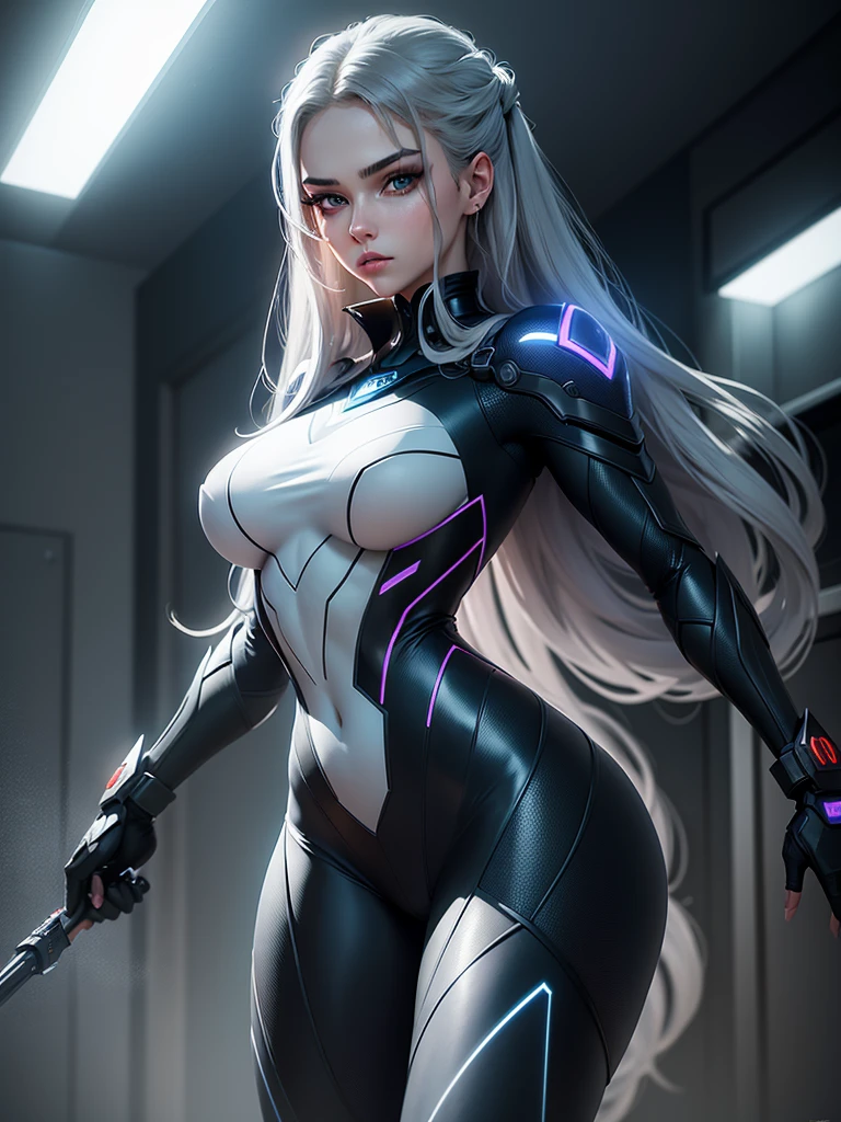 A girl with beautiful detailed eyes, beautiful detailed lips, and an extremely detailed face. 1girl. She is the widowmaker. Her gaze pierces the darkness. The striking contrast between her pale skin and her dark, flowing hair adds to her mysterious aura. She wears a tight-fitting, futuristic black suit that accentuates her graceful figure. The suit is adorned with blue accents that glow with a faint, ethereal light. Her stance is elegant yet poised, as if she is ready to strike at any moment. The background is a dimly lit room with a subtle blue ambiance, enhancing the air of intrigue and danger surrounding her. The image quality is set to (best quality, 8K, ultra HD, highres, masterpiece:1.2). The art style is sleek and stylized, giving it a unique and futuristic feel. The color palette is predominantly cool tones, with shades of blue and gray creating a brooding atmosphere. The lighting is dramatic, with soft, directional light casting intriguing shadows on her face and body.