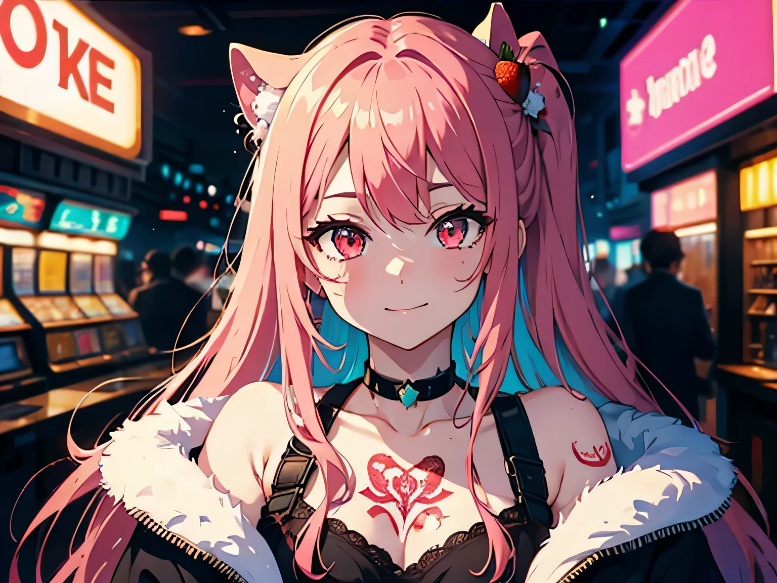 casino　dealer、lipstick、highest quality, intricate details, chromatic aberration, 1 girl, long hair, pink hair, messy hair, red highlights, hair above one eye, red eyes, clear eyes, choker, Neon Shirt, torn legwear, open jacket, towards the wall, shineing grafiti, shineing tattoos, shine, neon light, Black light,There&#39;I put a strawberry on my head、smile