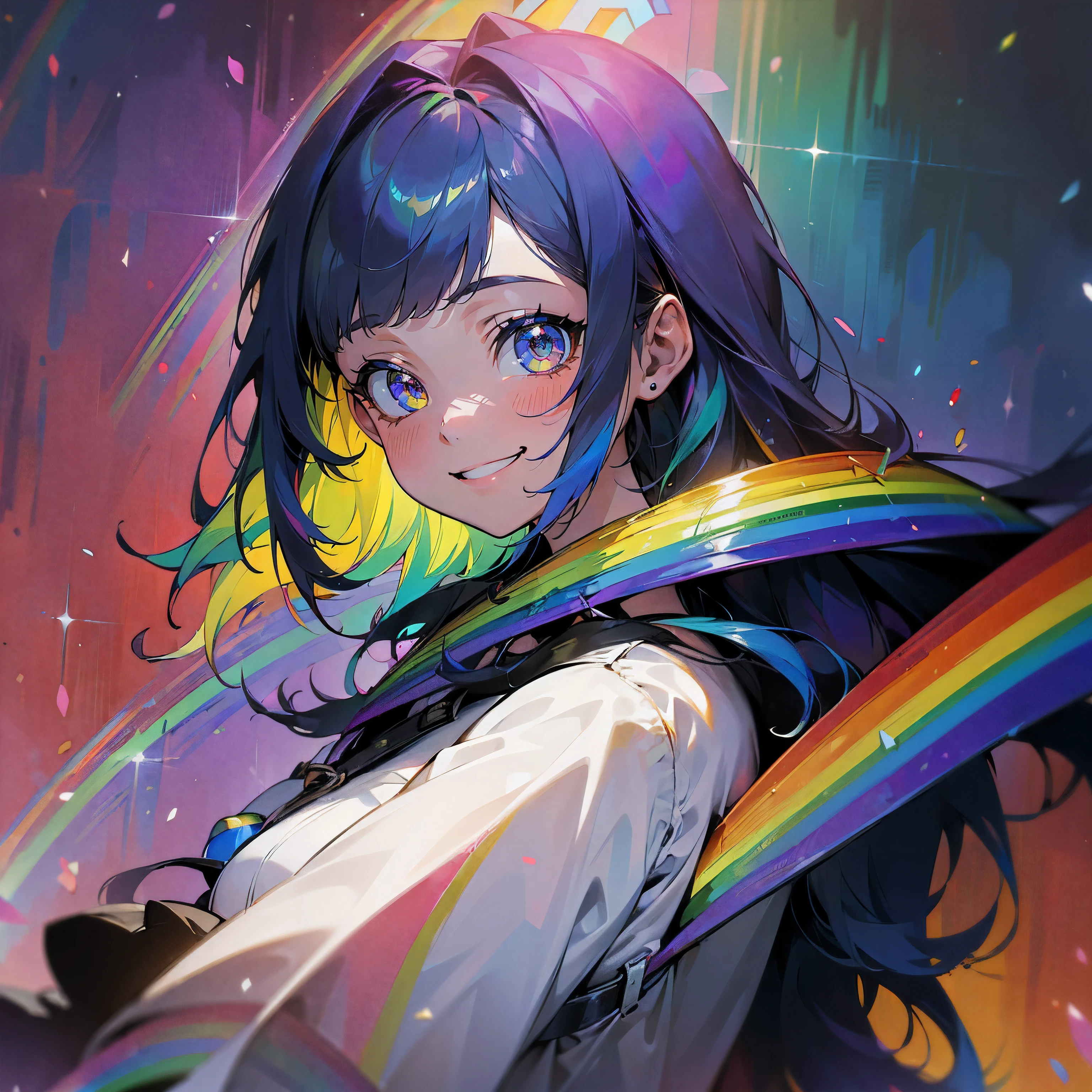 (((A lot of rainbow))), ((masterpiece:1.4)), ((best quality)), top-quality, Ultra detailed, ((extremely detailed)), super detail, ultra highres, high resolution, Beautiful detail eyes, 4k, 8k, ((colorful:1.5)), upper body, cloth up, solo, 1girl, long colorful hair, (((all color of the rainbow))), (colorful brightly eyes), large eyes, (shining), painting, dramatic angle, cinematographic lighting, cute girl, youth, clear, (((smiling:1.5))), (natural blight hair)