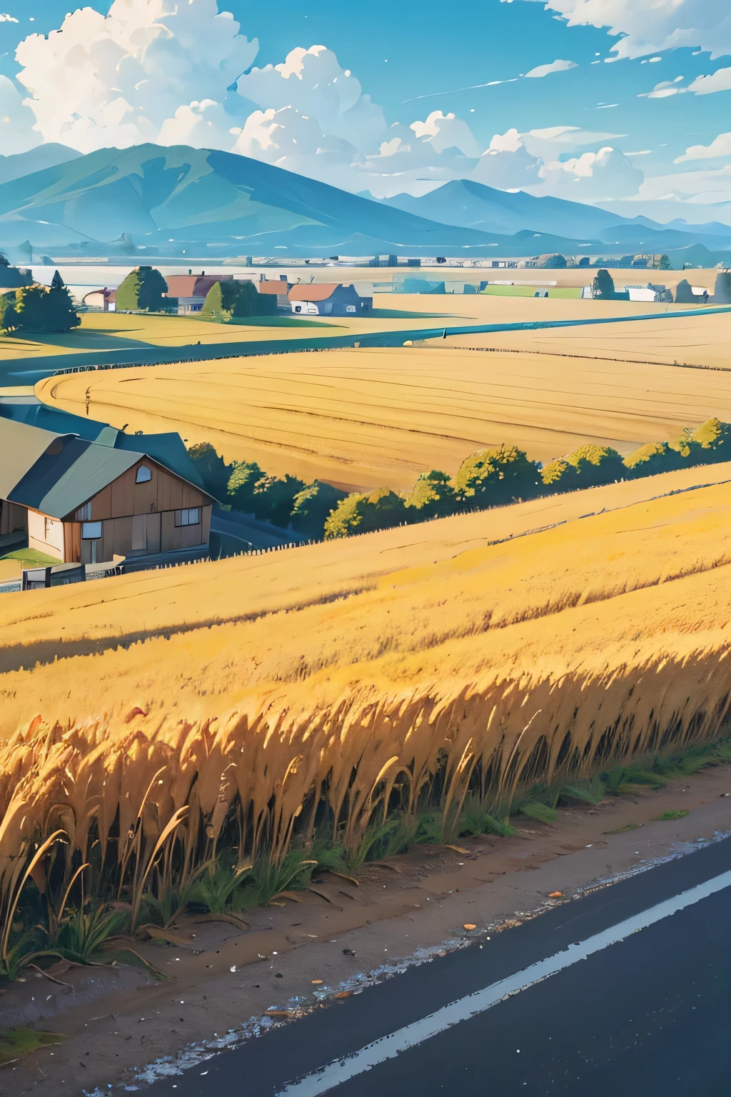 Erstellen Sie Bilder zum Thema „Landrevitalisierung“，Generieren Sie Bildinhalte, um einen Herbsthimmel mit schwebenden Wolken während des Tages zu erzeugen，Das Motiv des Bildes ist eine sehr breite Asphaltstraße，Auf beiden Seiten der Straße gibt es Straßenlaternen und Telefonmasten.，Auf beiden Seiten des Bildes sind Bauernonkel zu sehen, die goldenen Weizen auf den Feldern ernten..，Es gibt mehrere kleine Häuser im Weizenfeld