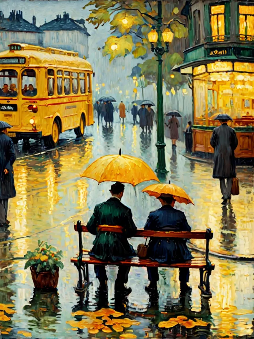 (downpour, rainy night:1.2), （bus stop，2 people waiting on a bench:1.6), rain, (close up:1.8), 8k，Pierre Bonnard Style - Pierre ...
