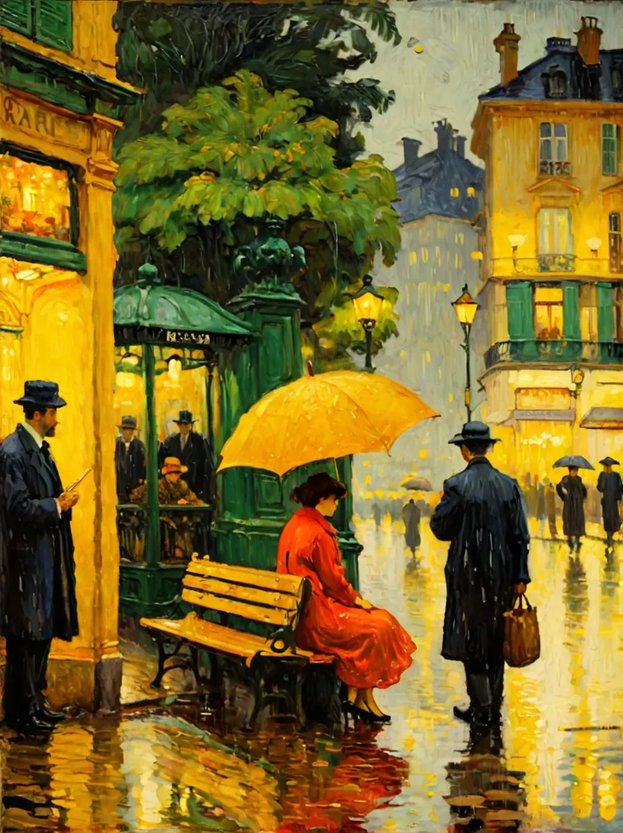 (downpour, rainy night:1.2), （bus stop，2 people waiting on a bench:1.6), rain, (close up:1.8), 8k，Pierre Bonnard Style - Pierre ...