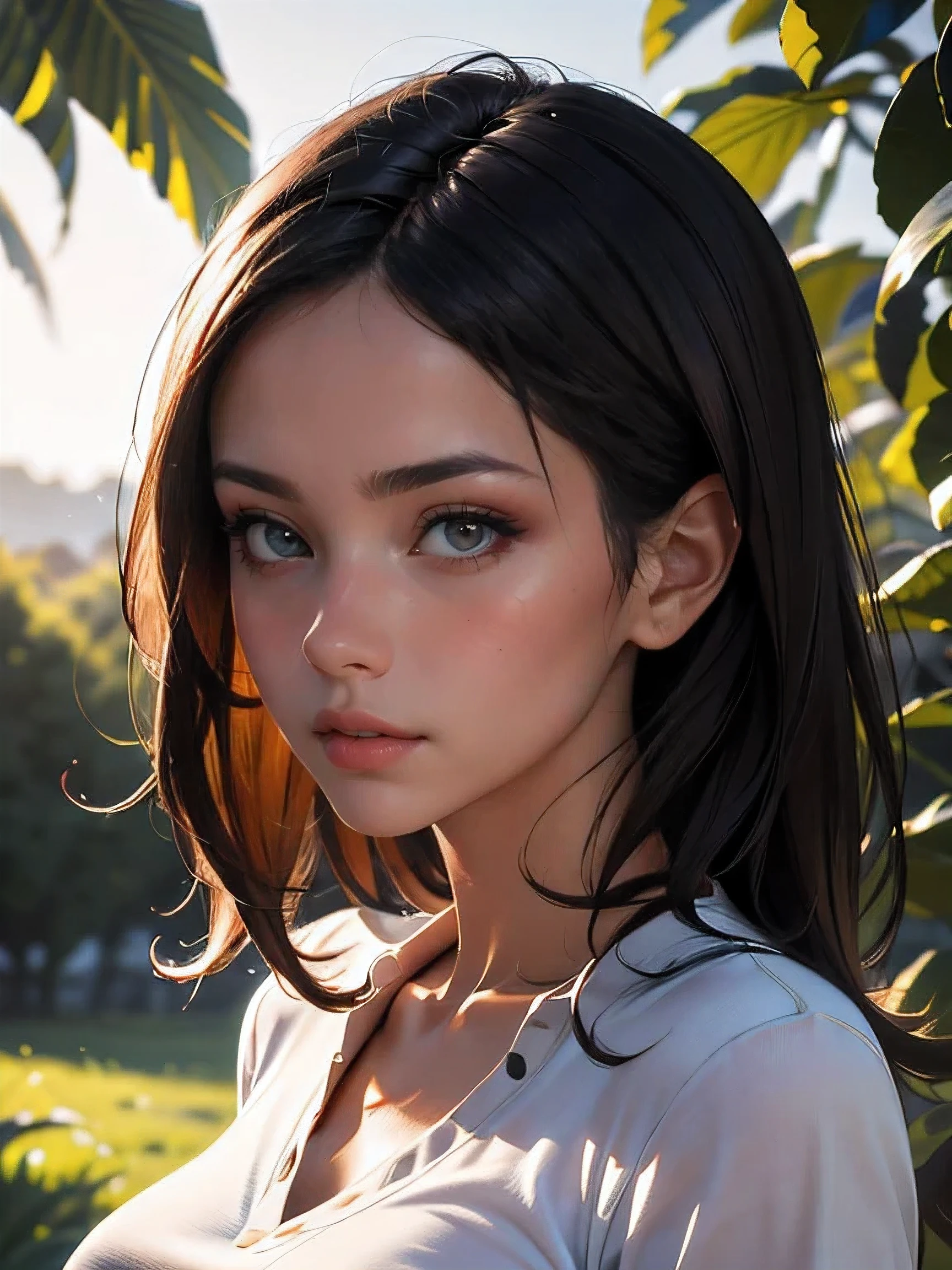 (((HD photo))), ultra high res.photorealistic:. 1.4, UHD, masterpiece, trending on artstation, closeup, frontal shot, portrait pretty, cute girl, most beautiful in the world, soft, delicate, long dark hair, large breasts, wearing polo shirt, sunkissed, countryside background