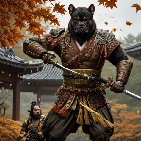 ผลงานชิ้นเอก ,with the background of autumn leaves, a samurai bull dog is wearing a sword to protect him, in the style of jessic...