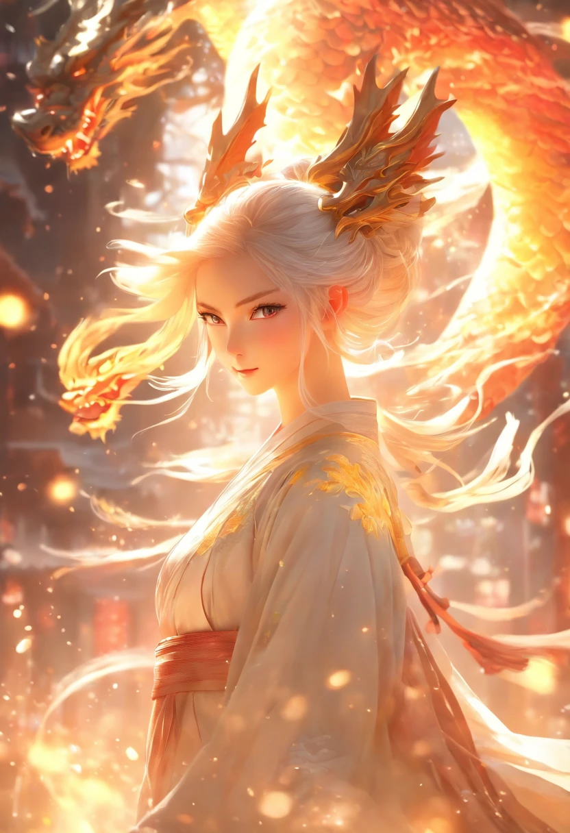 dynamic lighting, art station, poster, Volumetric lighting, Very detailed faces, 4k wallpaper, The award-winning, 1 girl with white hair, long flowing hair, ponytail, Fringed Hair Ornament, dynamic perspective, white hanfu, White gauze flying,  Sexy, Chinese traditional ink painting,  mist, mist, Riding the white dragon&#39;s head, Stroke the faucet, Bailongjiao, dynamic perspective, light,