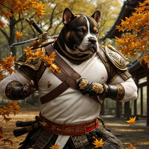 ผลงานชิ้นเอก ,with the background of autumn leaves, a samurai bull dog is wearing a sword to protect him, in the style of jessic...