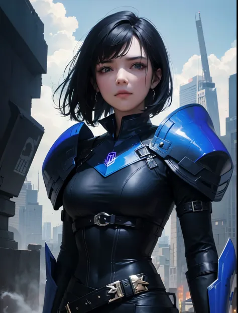 a beautiful black-haired woman stands with a tense expression on her face. she wears a metallic black battle uniform, and around...