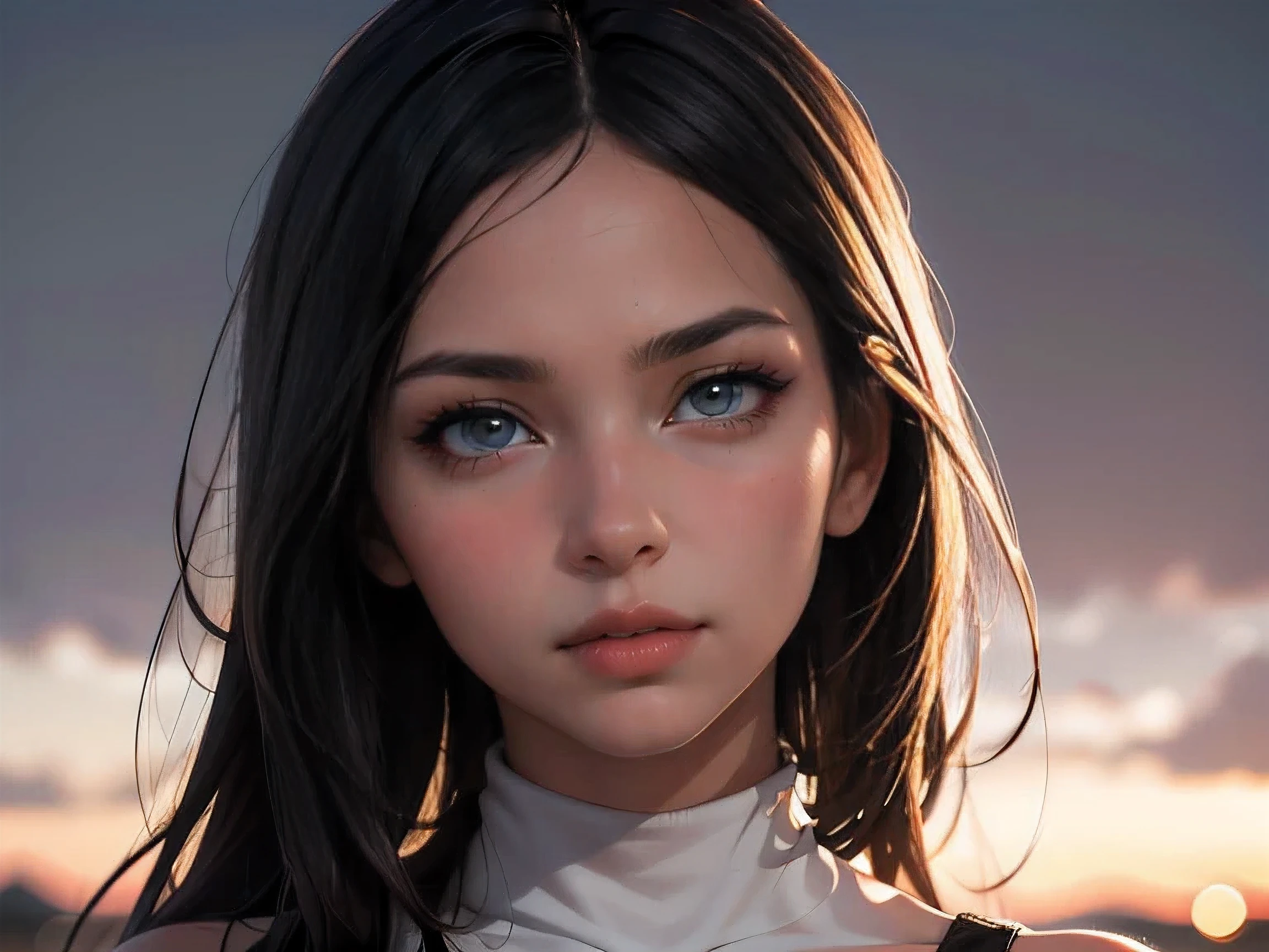 (((HD photo))), ultra high res.photorealistic:. 1.4, UHD, masterpiece, trending on artstation, closeup, frontal shot, portrait pretty, cute girl, most beautiful in the world, soft, delicate, long dark hair, large breasts, wearing turtleneck, sunkissed, minimal night background