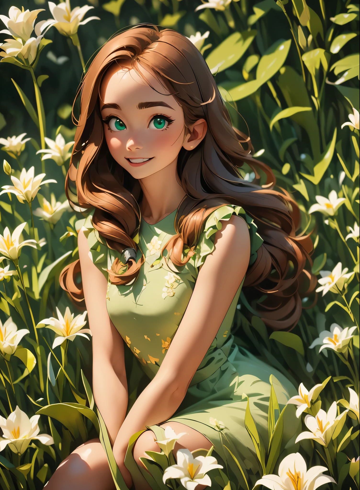 (masterpiece), (highest quality), ultra high resolution, sharp focus, ((1 female, alone)), Upper body, dutch angle, beautiful fine hair, chestnut hair, long hair falls, beautiful detailed face, ((Beautifully shaped eyes, green eyes)), perfect feminine face, look at the audience, smile, Feminine light coordination, In the meadow of lilies flowers, sitting on the ground