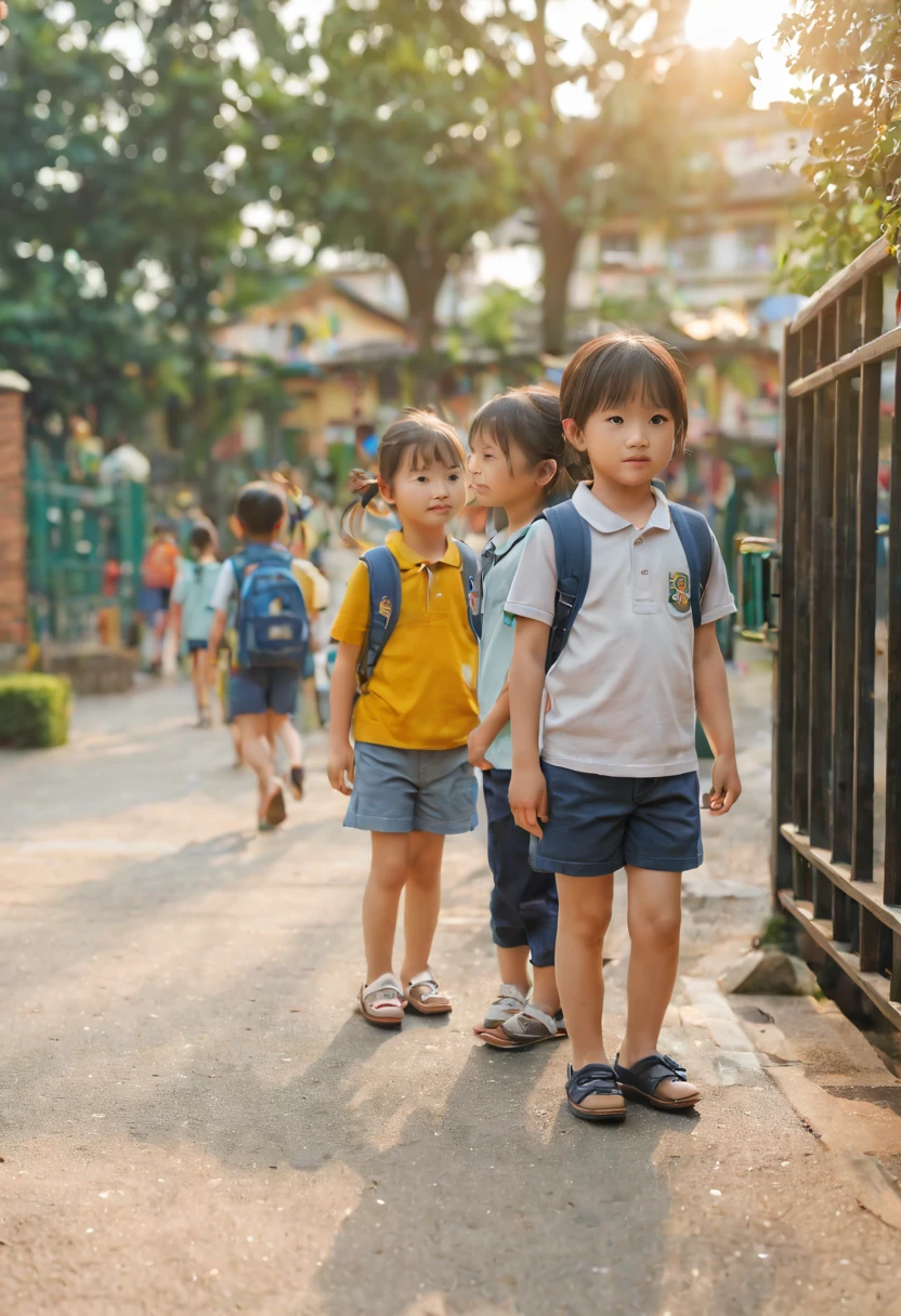 After class close-up focus HD video.Cute kindergarten children waiting for their mother to pick them up.squatting by the wall.Holding his chin in boredom.The background is the bokeh effect of the school gate. nice images, Comfortable and beautiful, calm mood, .(best quality,4K,8k,high resolution,masterpiece:1.2),super detailed,(actual,photoactual,photo-actual:1.37),