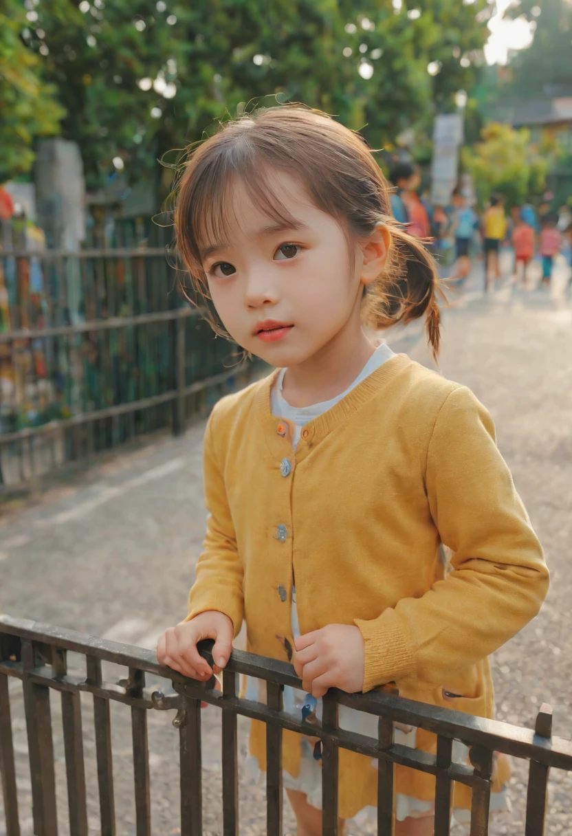 After class close-up focus HD video.Cute kindergarten children waiting for their mother to pick them up.squatting by the wall.Holding his chin in boredom.The background is the bokeh effect of the school gate. nice images, Comfortable and beautiful, calm mood, .(best quality,4K,8k,high resolution,masterpiece:1.2),super detailed,(actual,photoactual,photo-actual:1.37),