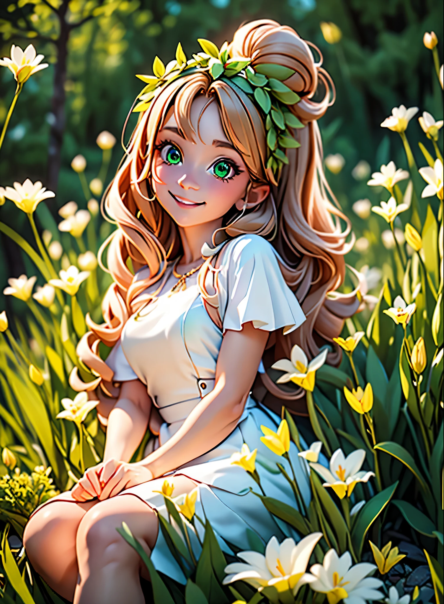 (masterpiece), (highest quality), ultra high resolution, sharp focus, ((1 female, alone)), Upper body, dutch angle, beautiful fine hair, chestnut hair, long hair falls, beautiful detailed face, ((Beautifully shaped eyes, green eyes)), perfect feminine face, look at the audience, smile, Feminine light coordination, In the meadow of lilies flowers, sitting on the ground