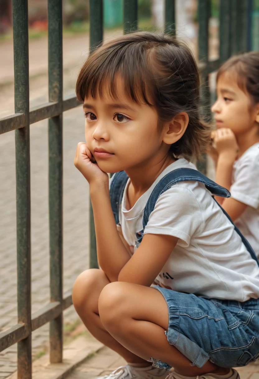 After class close-up focus HD video.Cute kindergarten children waiting for their mother to pick them up.squatting by the wall.Holding his chin in boredom.The background is the bokeh effect of the school gate. nice images, Comfortable and beautiful, calm mood, .(best quality,4K,8k,high resolution,masterpiece:1.2),super detailed,(actual,photoactual,photo-actual:1.37),