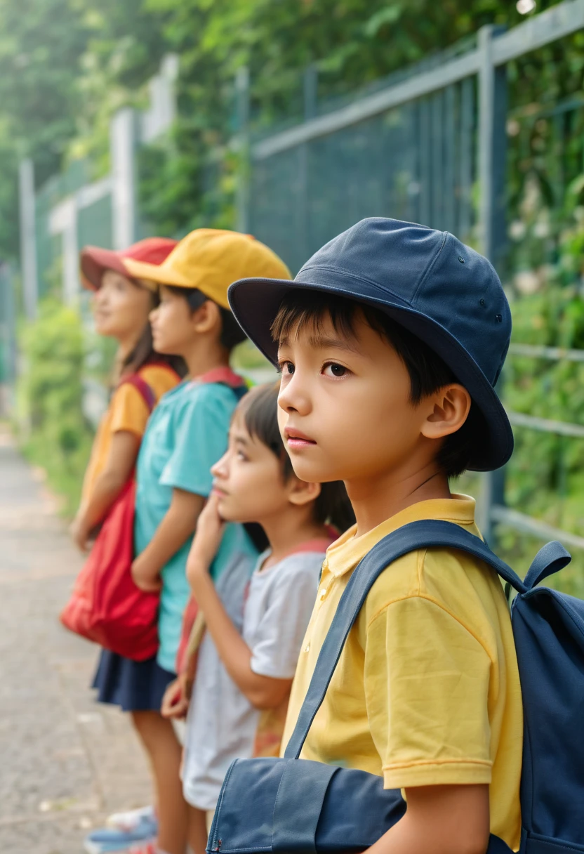 After class close-up focus HD video.Cute kindergarten children waiting for their mother to pick them up.squatting by the wall.Holding his chin in boredom.The background is the bokeh effect of the school gate. nice images, Comfortable and beautiful, calm mood, .(best quality,4K,8k,high resolution,masterpiece:1.2),super detailed,(actual,photoactual,photo-actual:1.37),