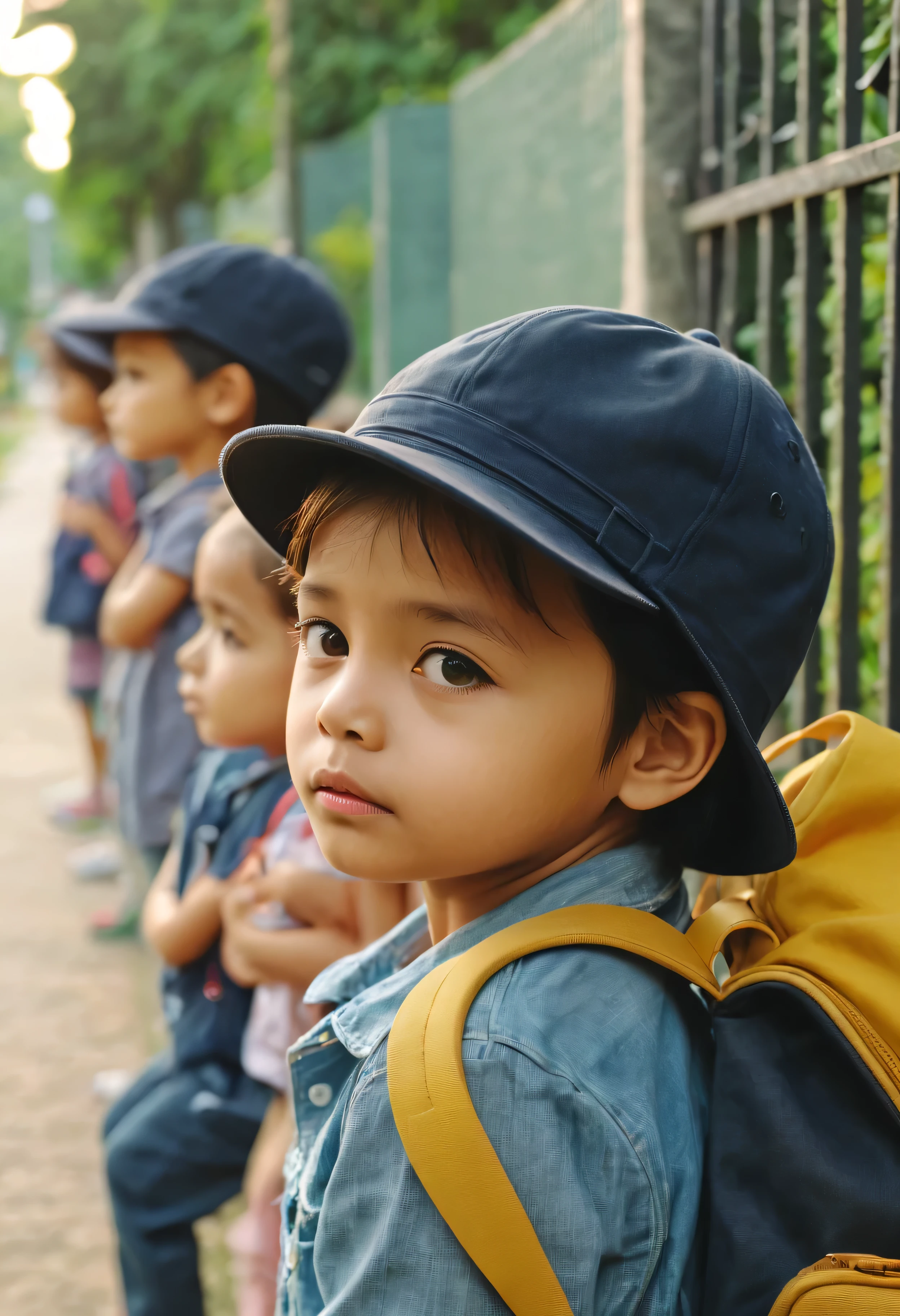 After class close-up focus HD video.Cute kindergarten children waiting for their mother to pick them up.squatting by the wall.Holding his chin in boredom.The background is the bokeh effect of the school gate. nice images, Comfortable and beautiful, calm mood, .(best quality,4K,8k,high resolution,masterpiece:1.2),super detailed,(actual,photoactual,photo-actual:1.37),