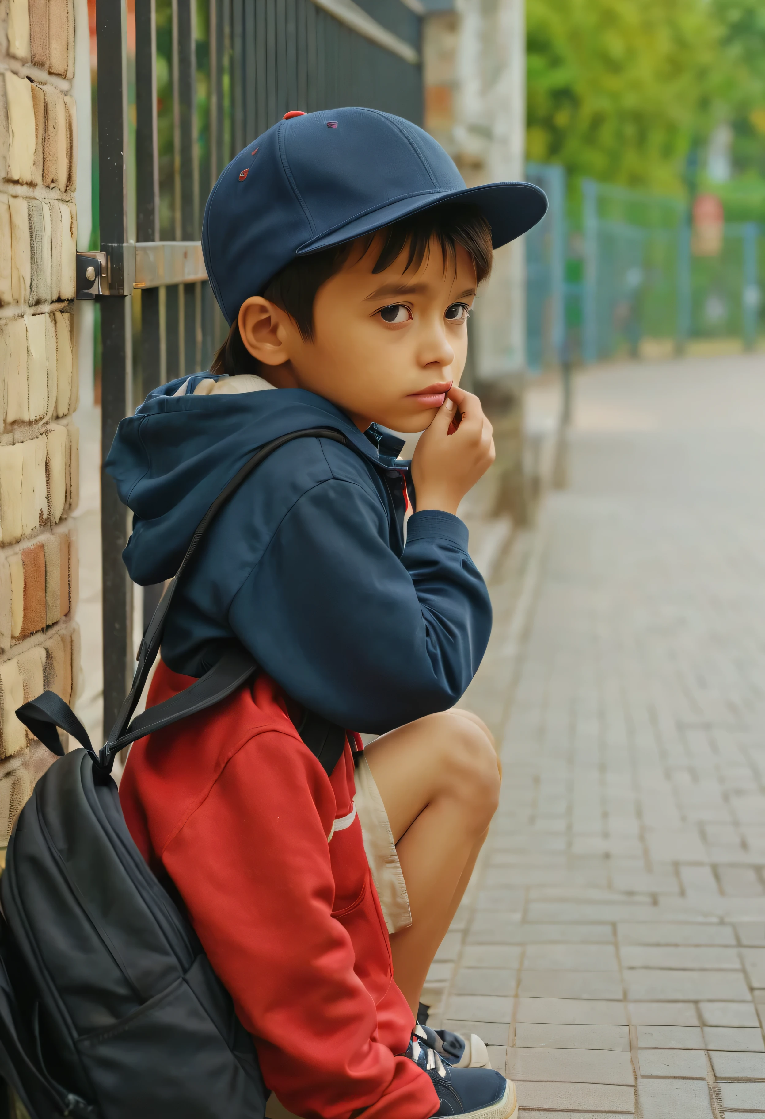 After class close-up focus HD video.Cute kindergarten children waiting for their mother to pick them up.squatting by the wall.Holding his chin in boredom.The background is the bokeh effect of the school gate. nice images, Comfortable and beautiful, calm mood, .(best quality,4K,8k,high resolution,masterpiece:1.2),super detailed,(actual,photoactual,photo-actual:1.37),