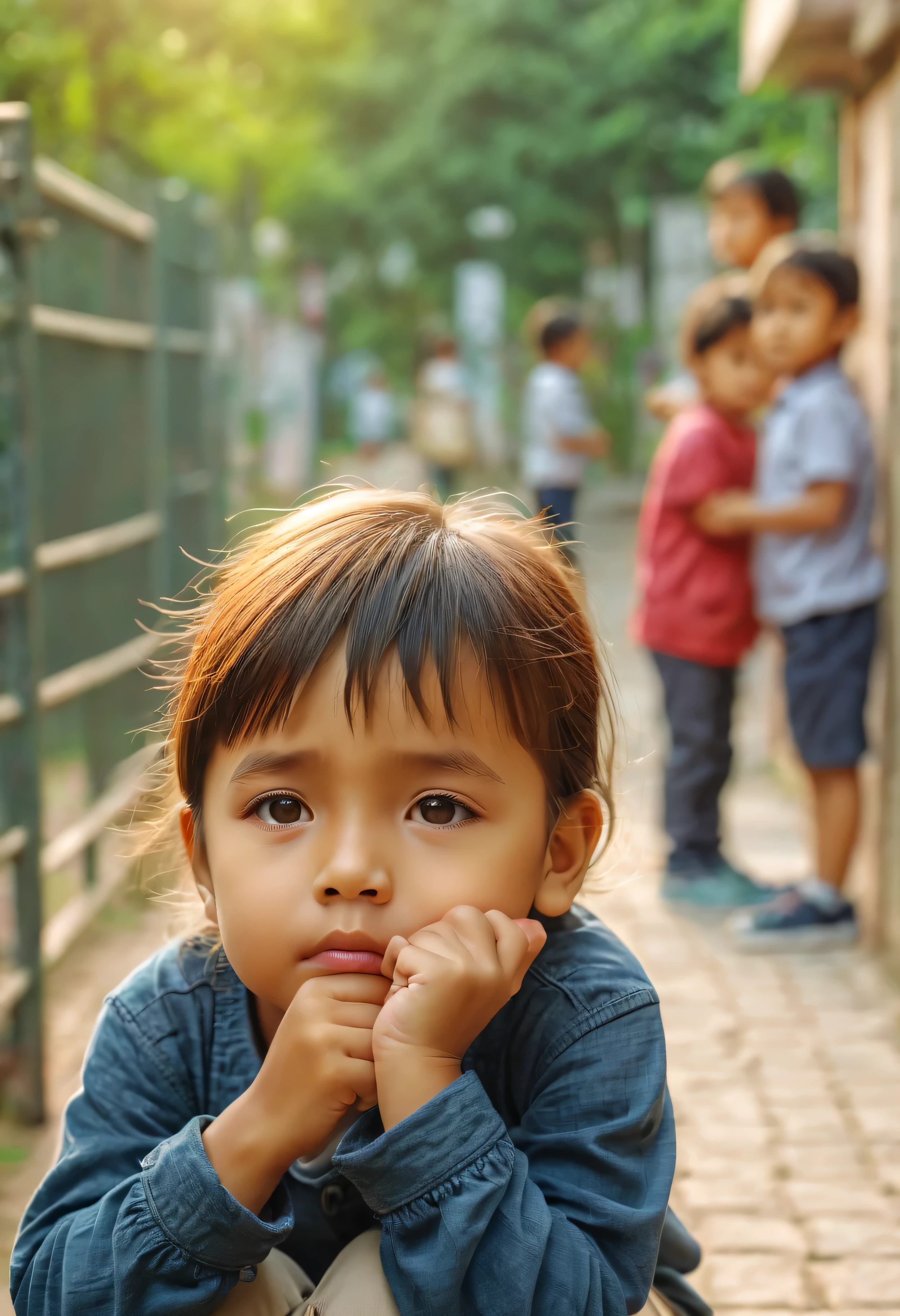 After class close-up focus HD video.Cute kindergarten children waiting for their mother to pick them up.squatting by the wall.Holding his chin in boredom.The background is the bokeh effect of the school gate. nice images, Comfortable and beautiful, calm mood, .(best quality,4K,8k,high resolution,masterpiece:1.2),super detailed,(actual,photoactual,photo-actual:1.37),