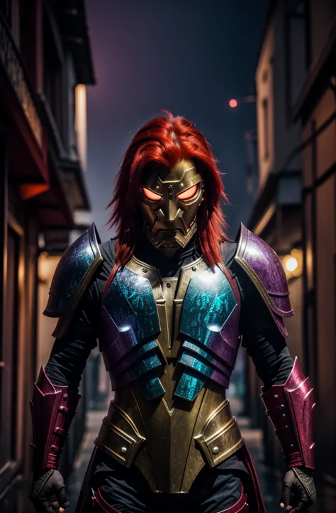 red hair，man， purple armor, light bearer karoriors, medieval city, dark, fighting, epic, karo, surrealism, 8k, super details, ka...