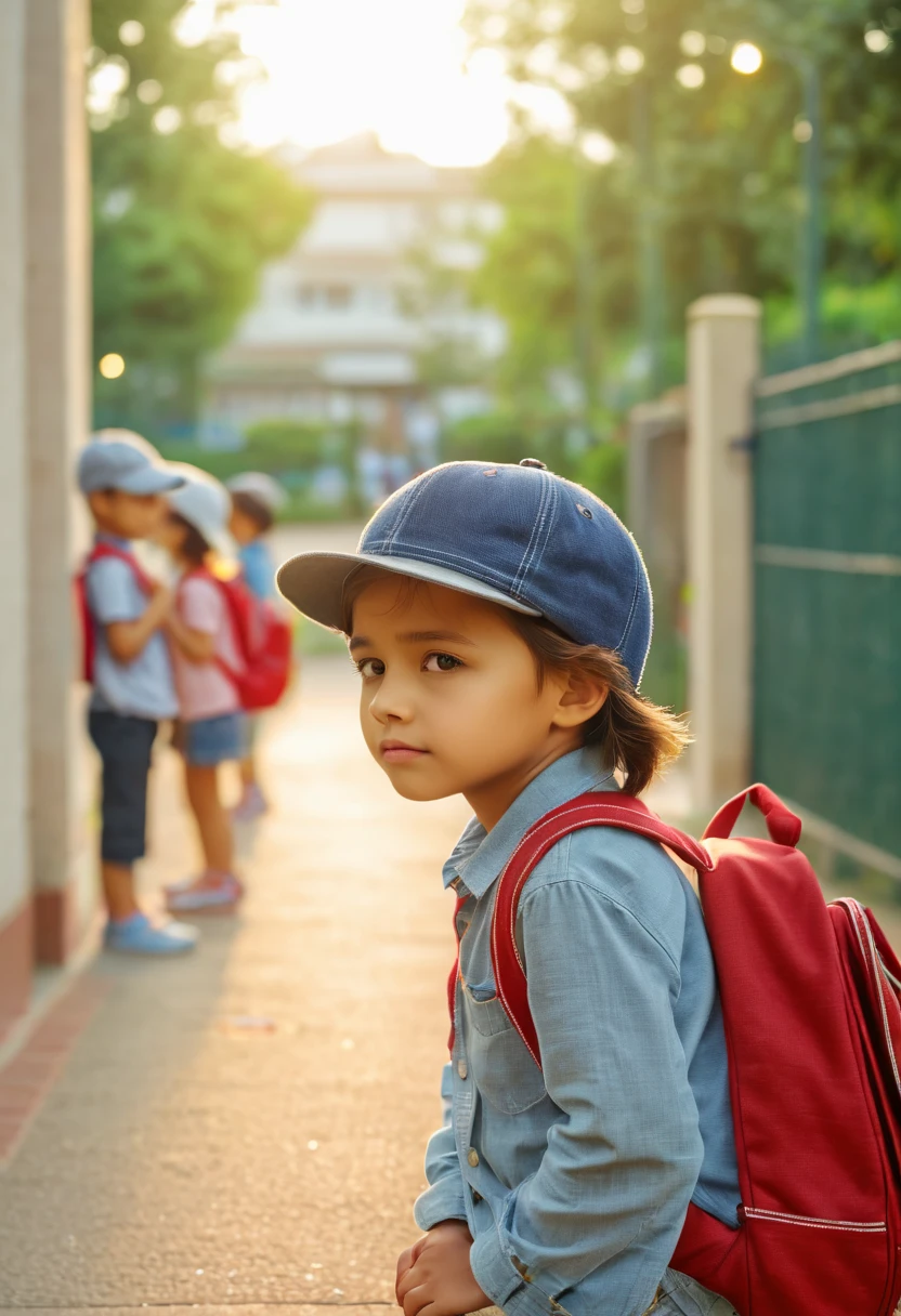 After class close-up focus HD video.Cute kindergarten children waiting for their mother to pick them up.squatting by the wall.Holding his chin in boredom.The background is the bokeh effect of the school gate. nice images, Comfortable and beautiful, calm mood, .(best quality,4K,8k,high resolution,masterpiece:1.2),super detailed,(actual,photoactual,photo-actual:1.37),