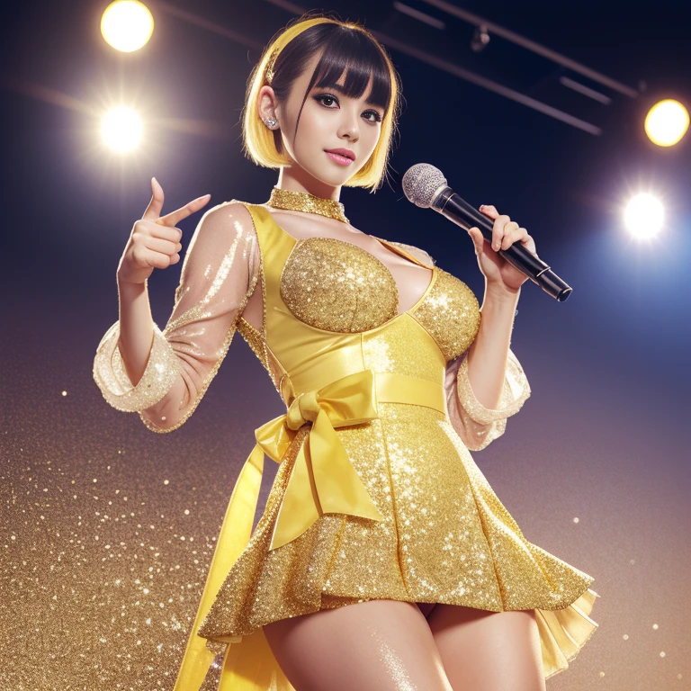 masutepiece, High resolution, 8k, anime woman, Delicate and detailed writing 、Detailed digital illustration、Short hair、perm、Shiny hair、bangs、a very beautiful woman、Eyes are double, Large, Bust is D cup、High image quality, High quality、Detailed background、(((Wearing idol clothes)))、((glittering live stage backdrop))、The inside of the eye shines like a diamond、Light yellow hair、Gradient pupil、(((2 arms、4 fingers, 1 thumb)))、Detailed female face、Very beautiful and cute woman、、Detailed background、​masterpiece、Soft Focus , Bright gradient watercolor , Lens Flare , (((glitter))) , Glow , Dreamy , (((Holding a glitter microphone in your hand)))、a miniskirt、Nothing at hand、idol、Yellow Ribbon、Very beautiful yellow rose hair accessories、Yellow and white costume、Photos of Do-Up