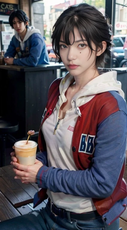 (realistic, High resolution:1.3), One girl with perfect figure, very detailed face and eyes, short hair, small breasts、(Ichiro Yamada&#39;s costume),  at the cafe, coffee on the table, red and blue jacket、white inner hoodie、jeans、((Right eye is blue、Yellow left eye))