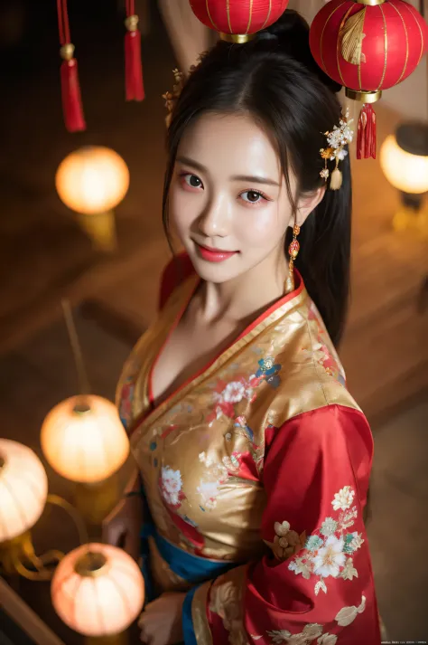 Spring Festival,1 girl,alone,decorateผม,set,black hair,black eyes,chinese clothes,from above,lamp,decorate,red set,Look at the v...