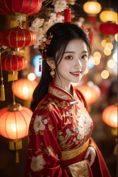 spring festival,1 girl,alone,decorationsผม,set,black hair,black eyes,chinese clothes,from above,lamp,decorations,red set,look at...