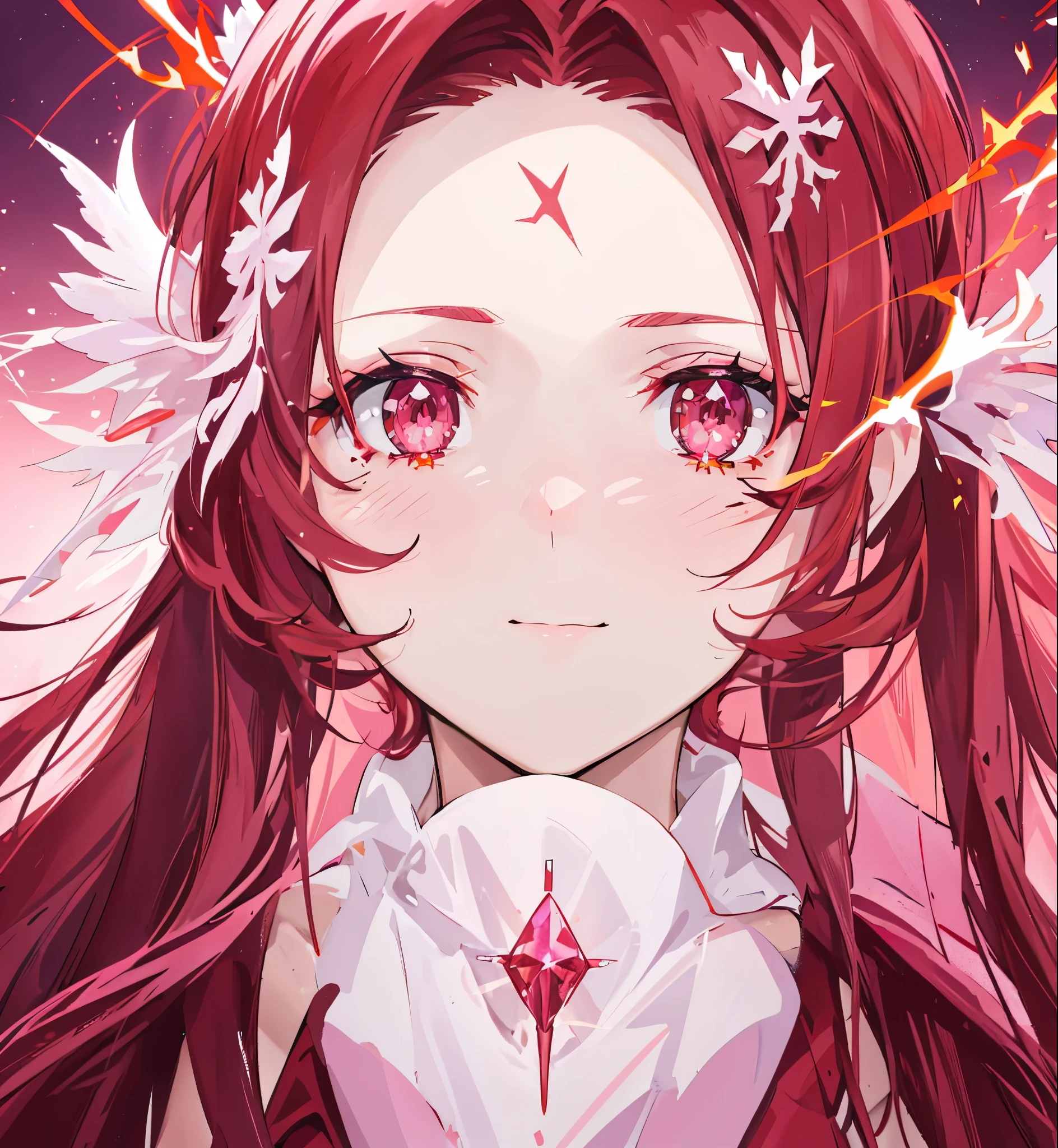 Anime girl with long red hair and pink eyes holding a crystal ball - SeaArt  AI