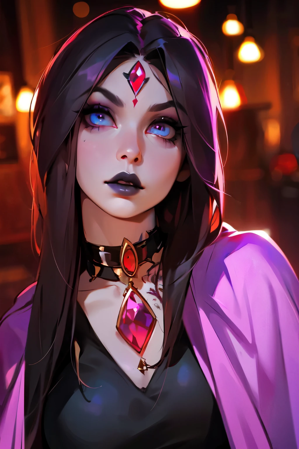 (Best Quality, 8k, Masterpiece, UHD), (Photo of Attractive Caucasian Gothic model Woman with tattoos), solo 1Girl as Raven, ((gemstone on forehead)), heavy makeup ,  cape, choker,very pale skin,Ultra Detailed Face, Detailed Lips, Fine Eyes, black lipstick, Fine Eyes